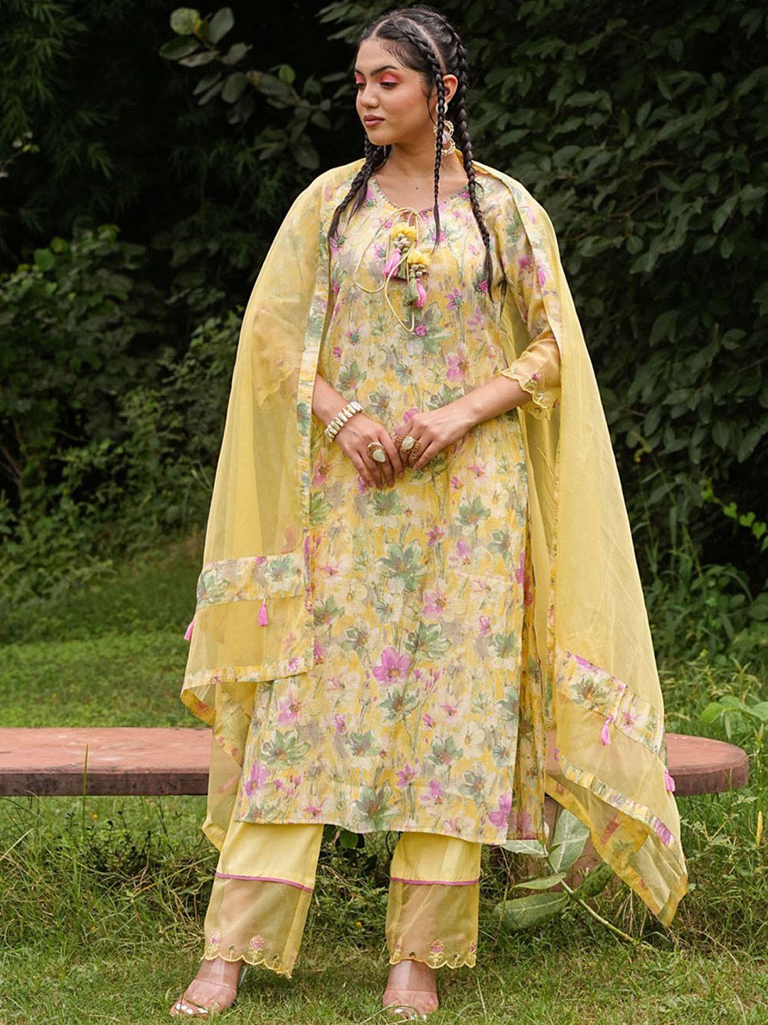 fashion dwar women yellow floral printed regular chanderi cotton kurta with trousers & with dupatta