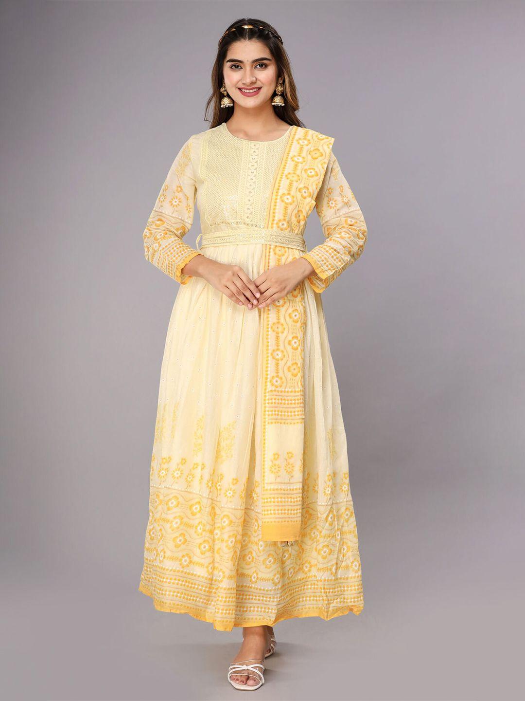 fashion dwar yellow floral embroidered cotton ethnic dress with dupatta