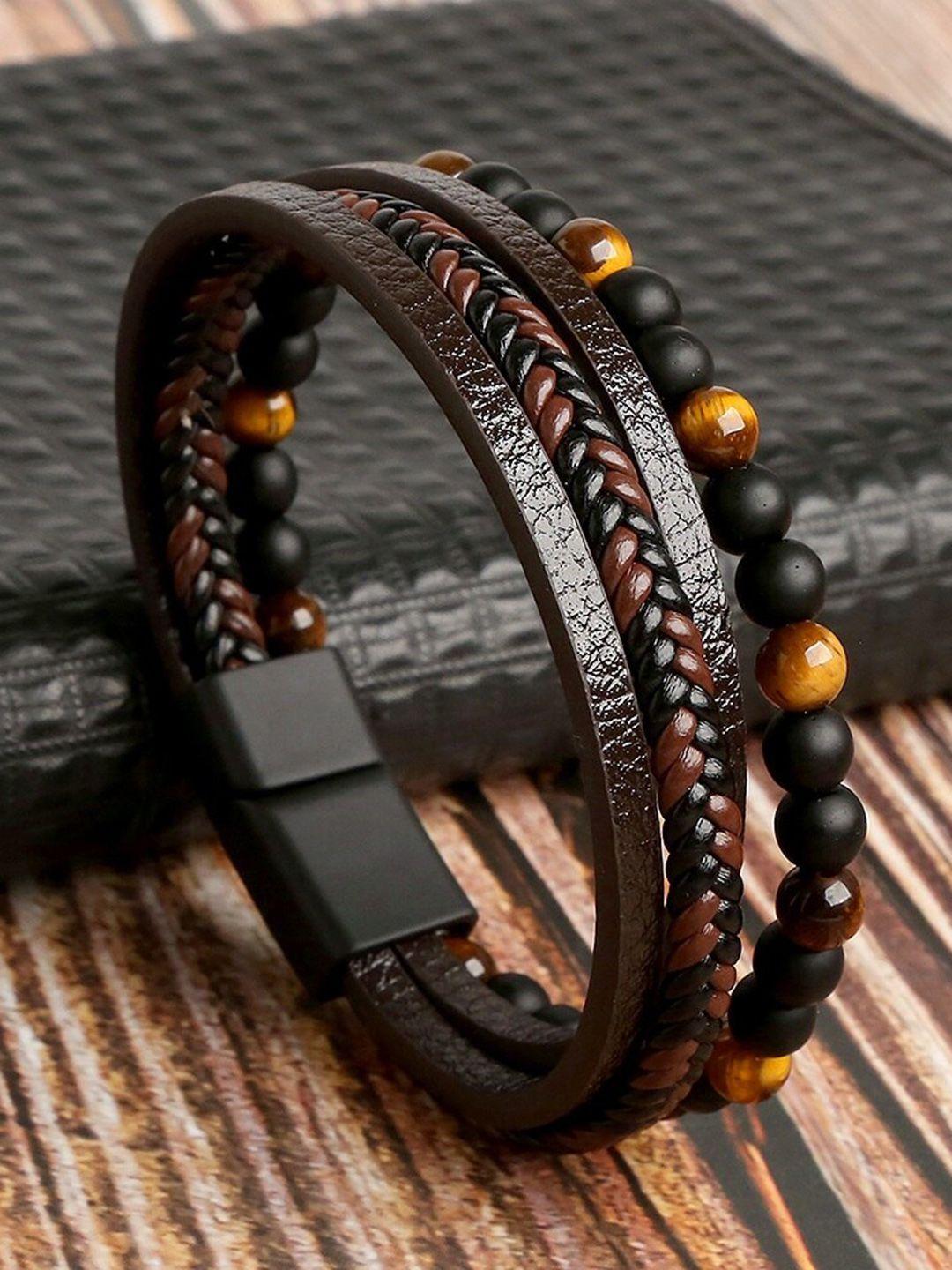 fashion frill men brown & yellow leather wraparound bracelet