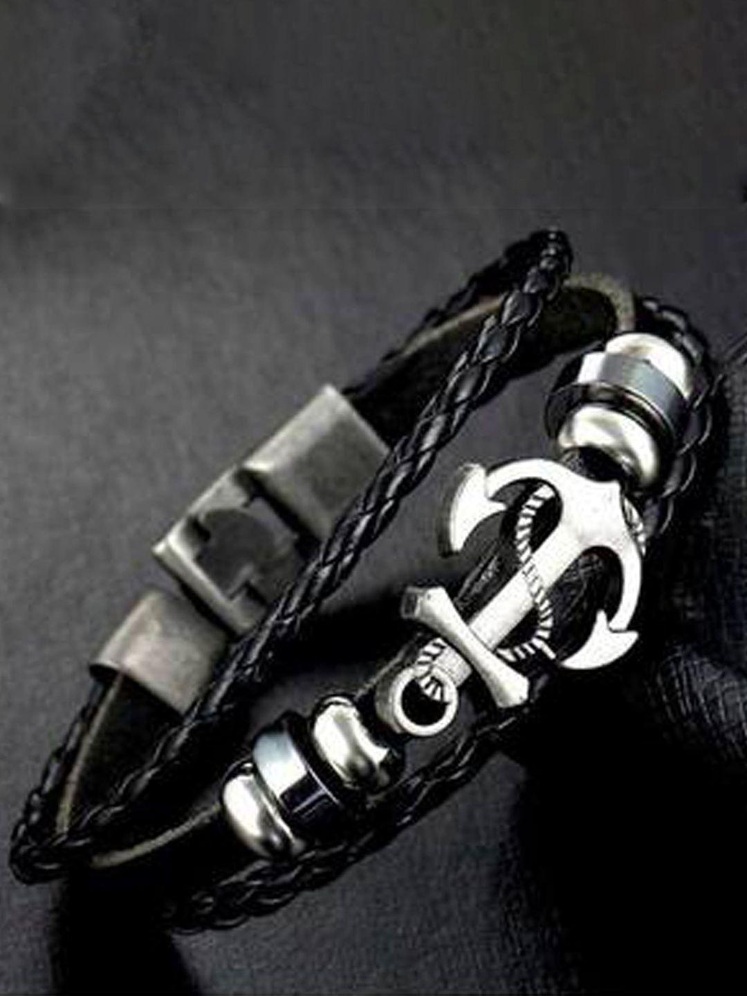fashion frill men silver-toned & black handcrafted silver-plated wraparound bracelet