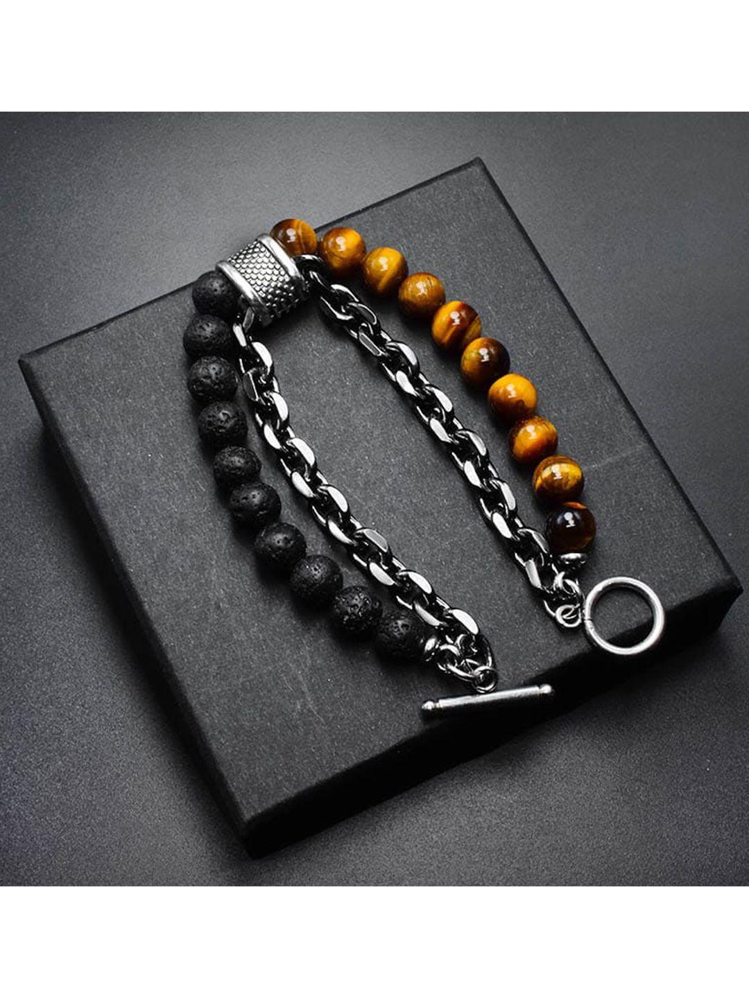 fashion frill men silver-toned & brown tigers eye silver-plated charm bracelet