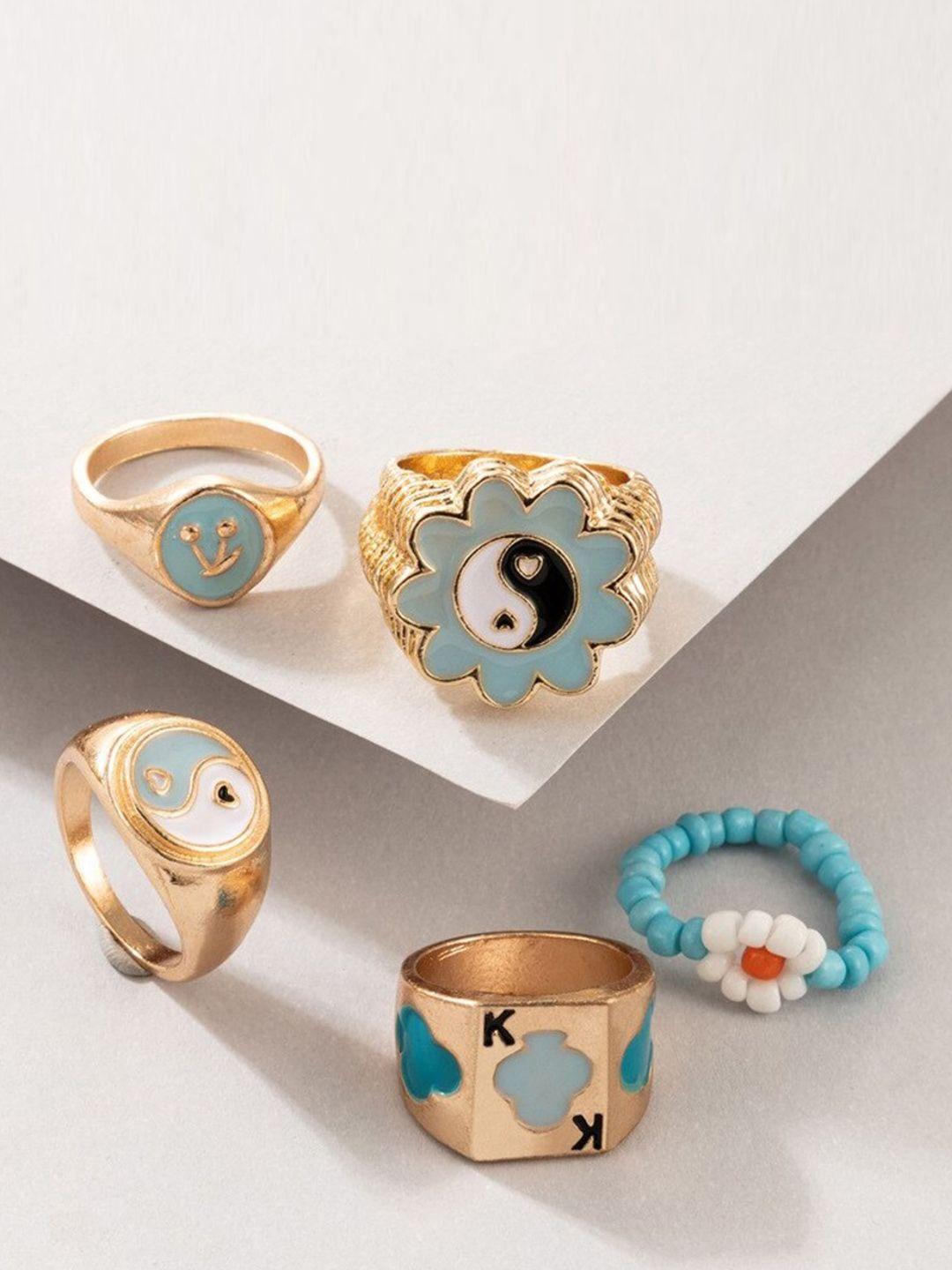 fashion frill set of 5 gold-plated blue designer finger ring