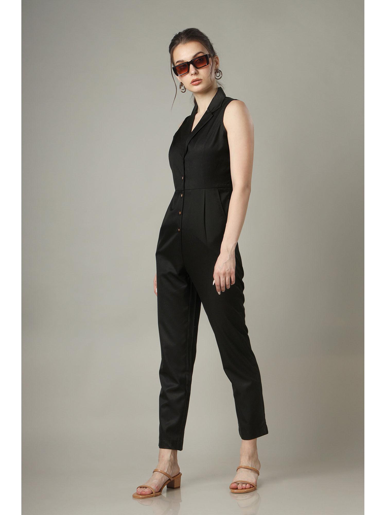 fashion work black notched collar jumpsuit