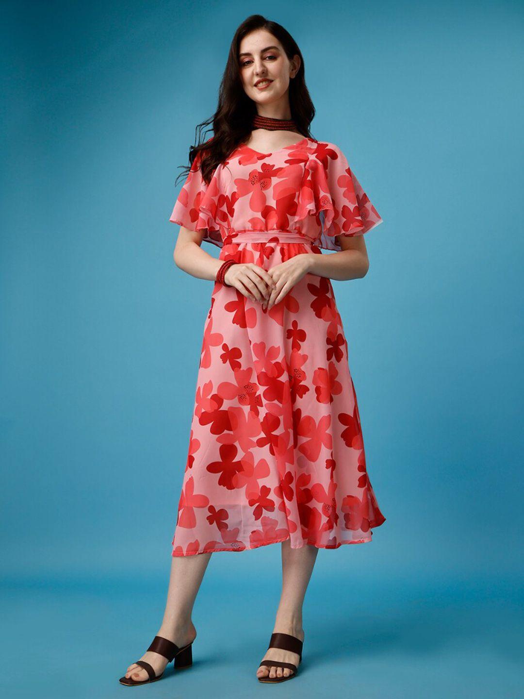 fashion2wear floral print flared sleeve v-neck pleated fit & flare midi dress