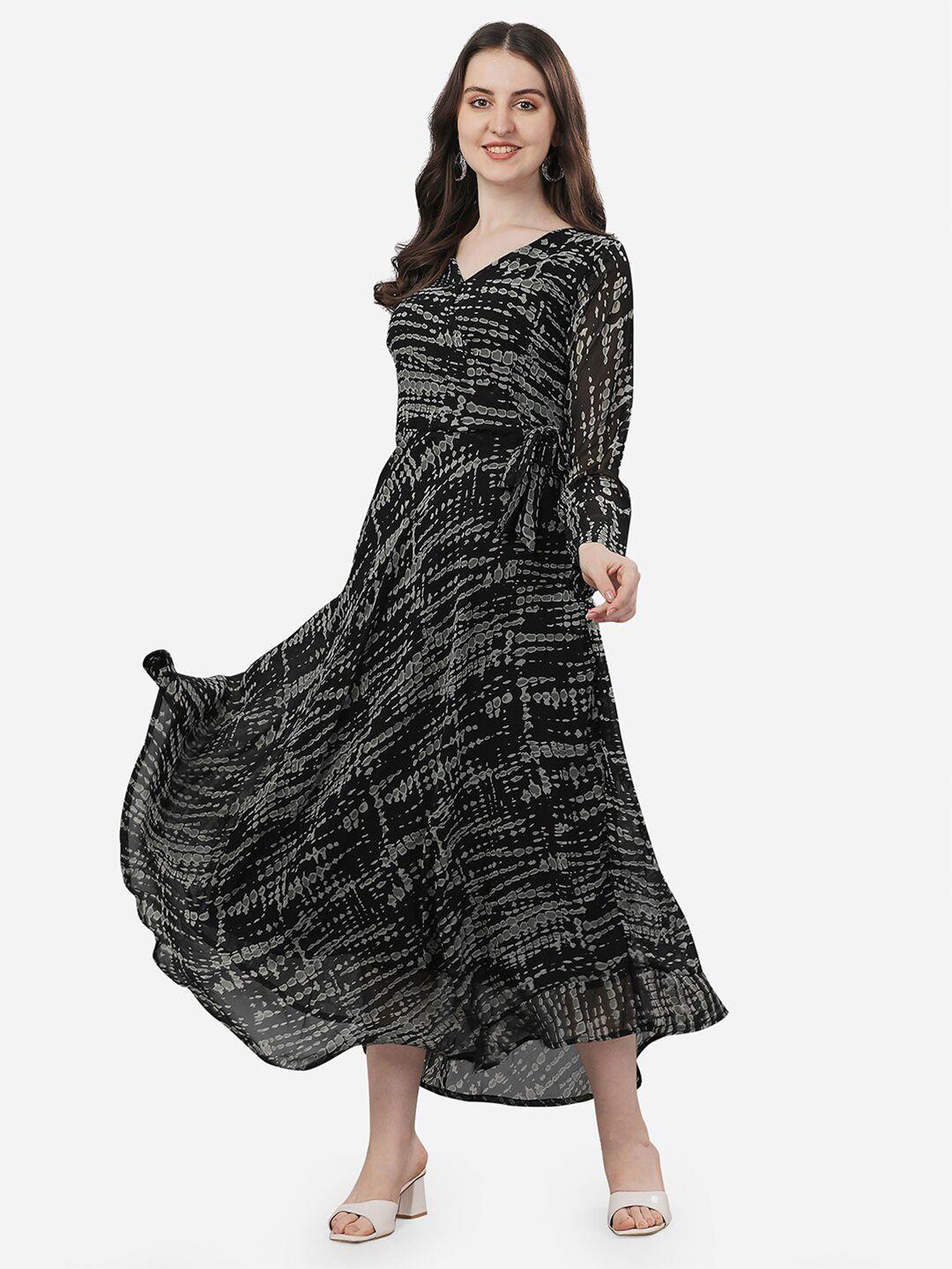 fashion2wear abstract printed tie-up detailed v-neck puff sleeves fit & flare dress