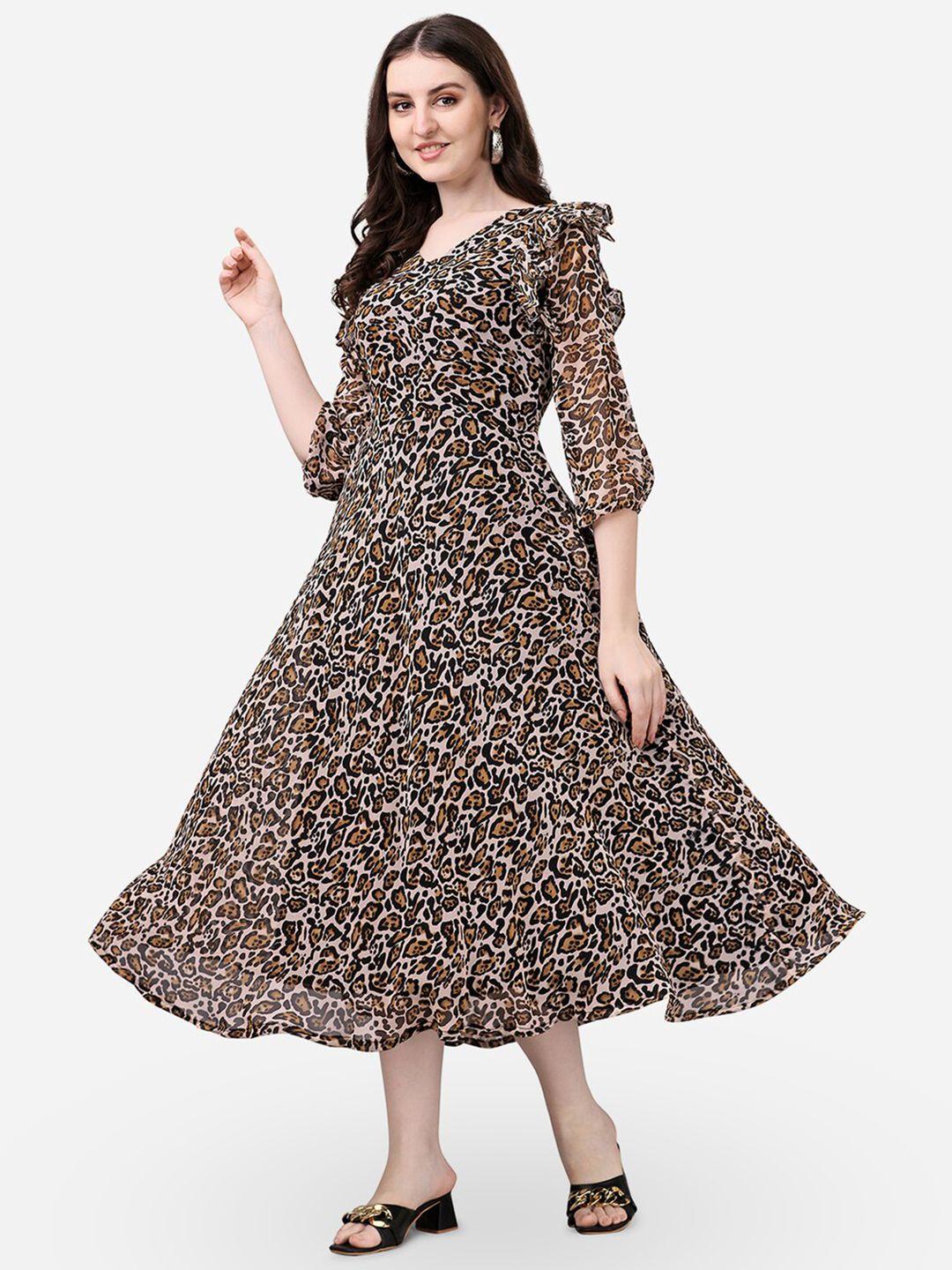 fashion2wear brown animal print georgette fit & flare midi dress