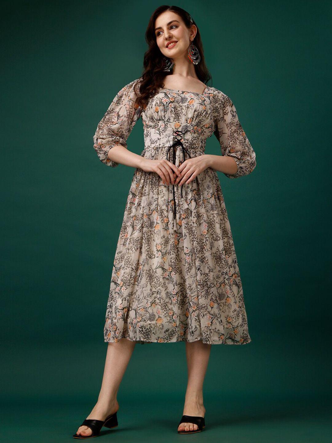fashion2wear floral print square neck puff sleeve fit & flare midi dress