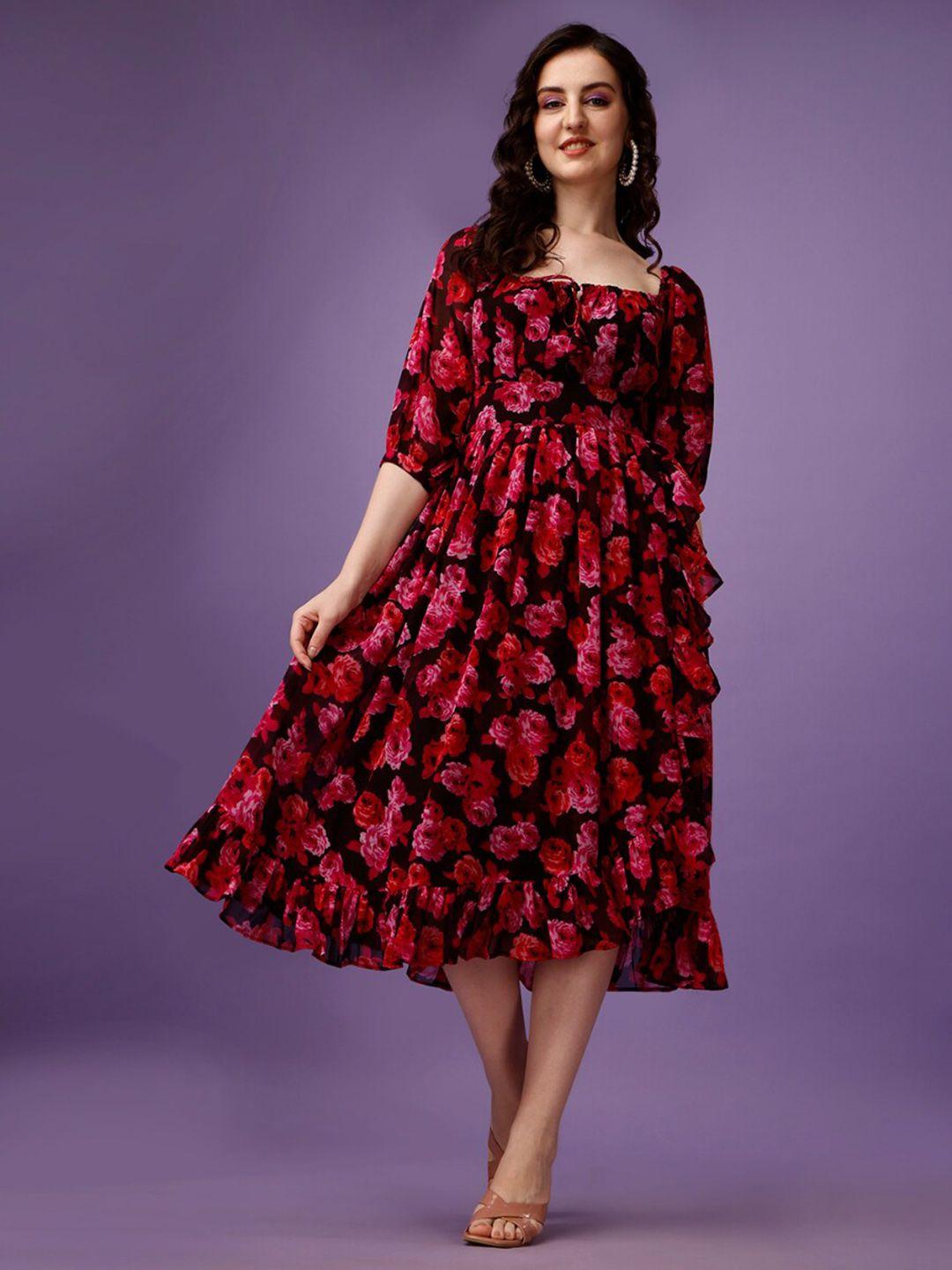 fashion2wear floral printed puff sleeves georgette fit & flare tulip midi dress