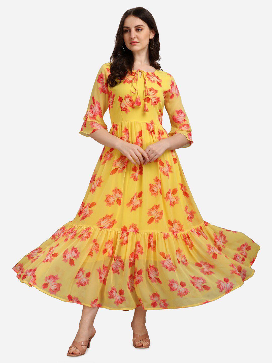 fashion2wear floral printed tie-up neck flared sleeves gathered fit & flare midi dress