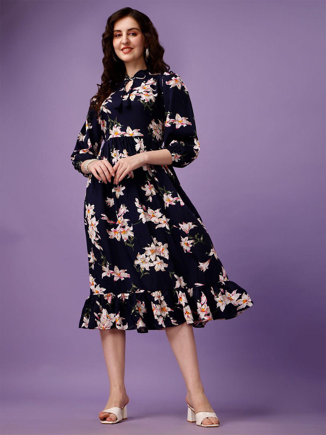 fashion2wear floral printed tie up neck gathered georgette fit & flare midi dress