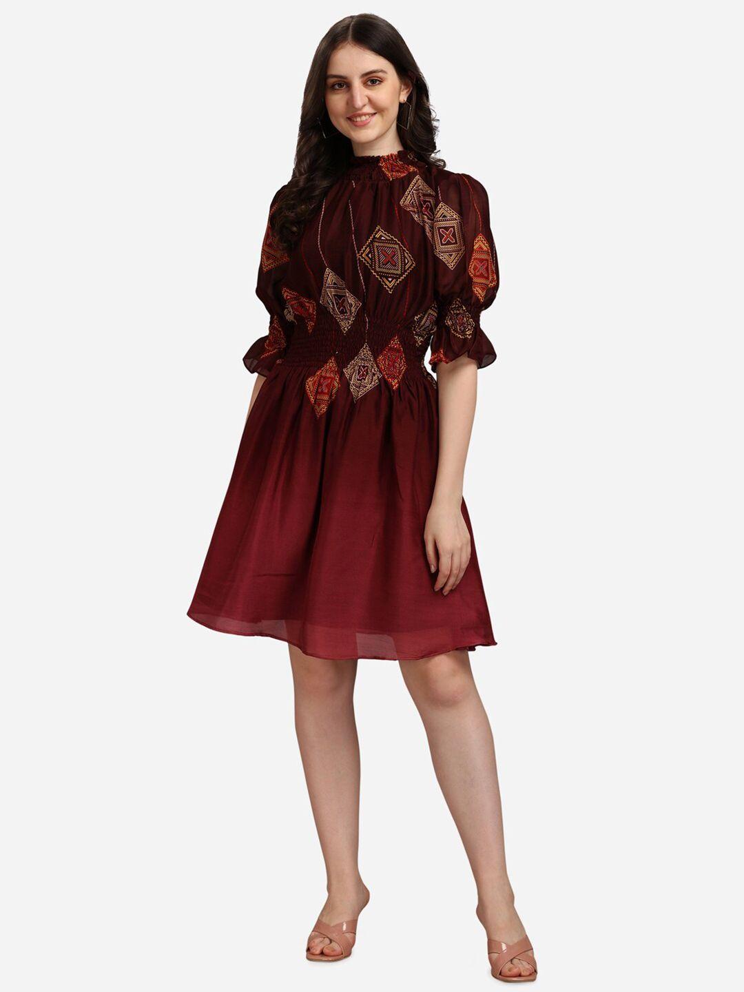 fashion2wear geometric printed puff sleeves fit & flare above knee length dress