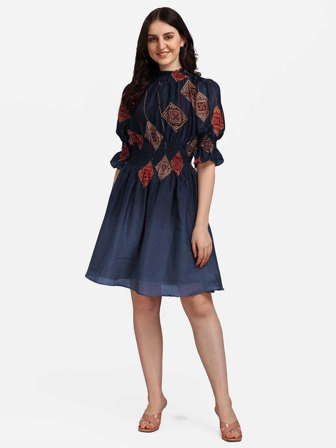 fashion2wear geometric printed smocked detailed high neck puff sleeves fit & flare dress