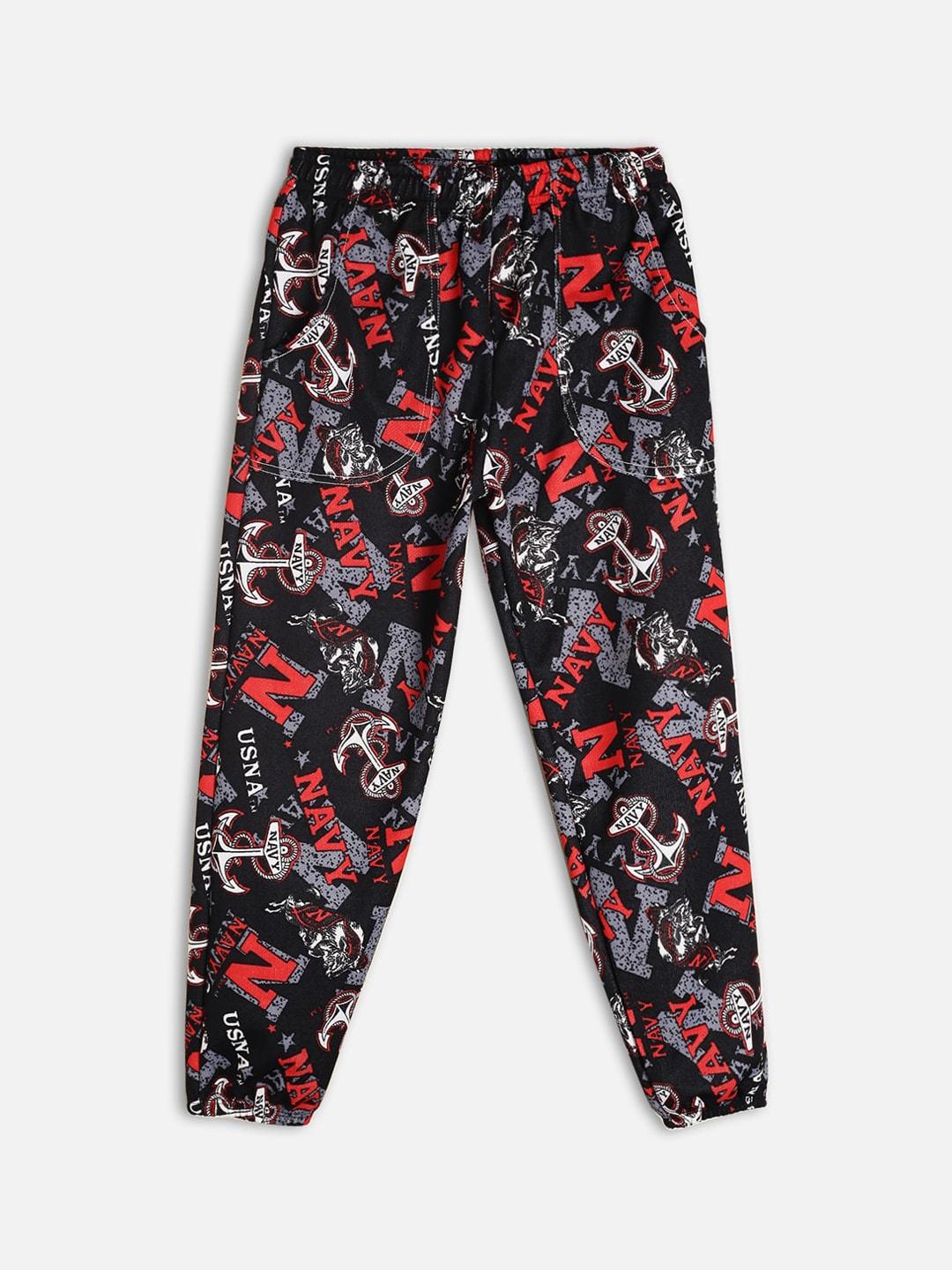 fashionable boys black & red typography printed joggers
