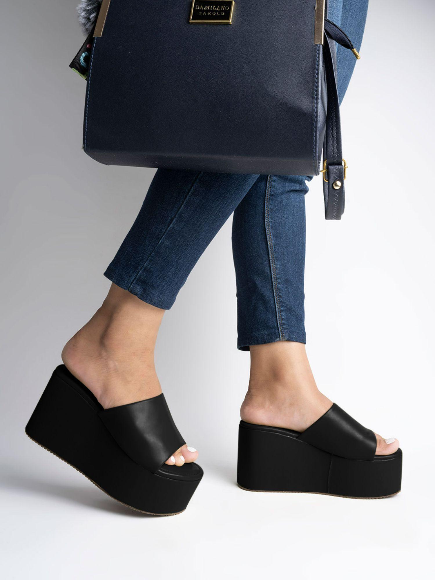 fashionable solid black wedge heels