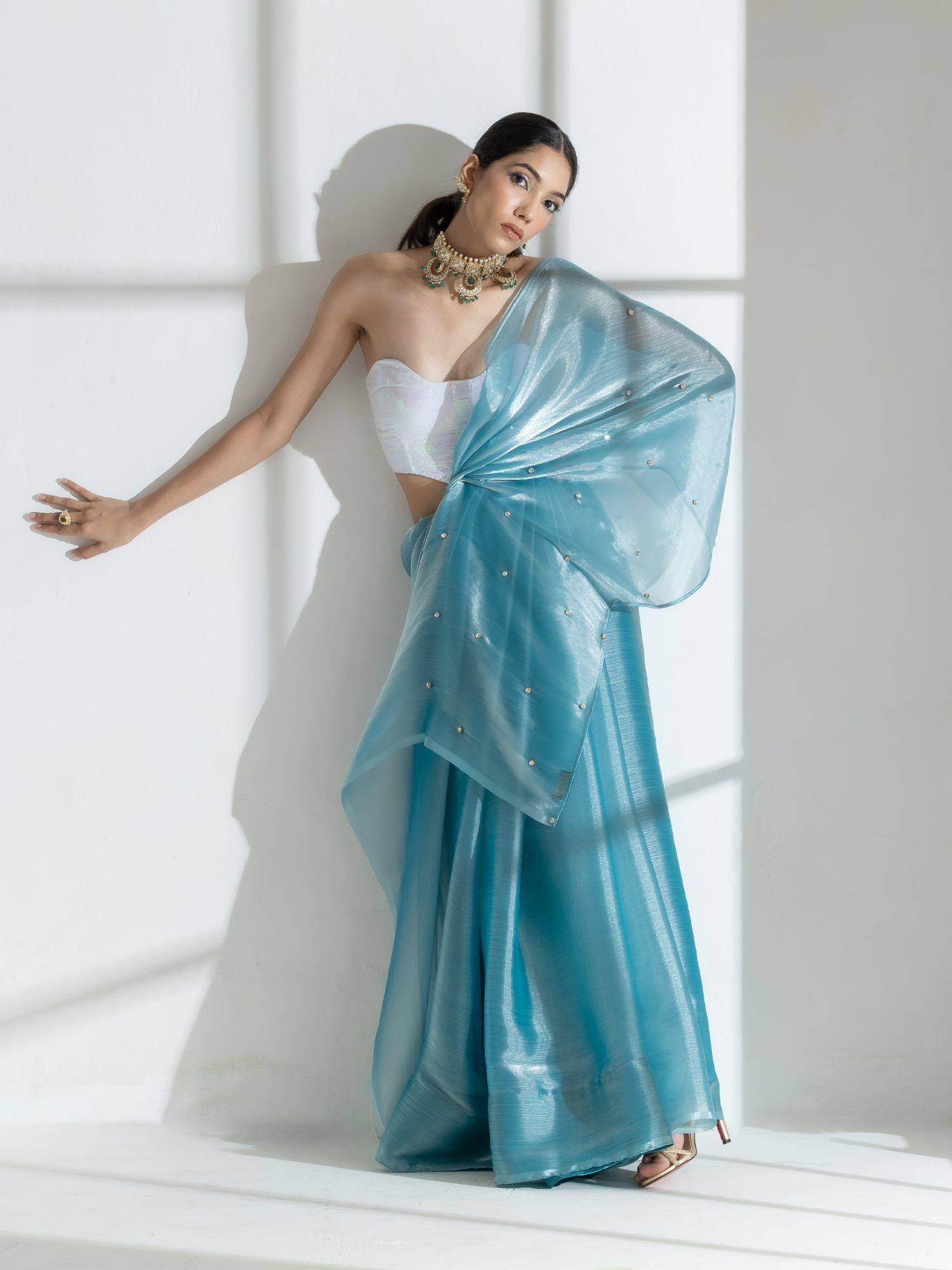 fashionista blue organza chiffon with diamond beads on pallu and unstitched blouse