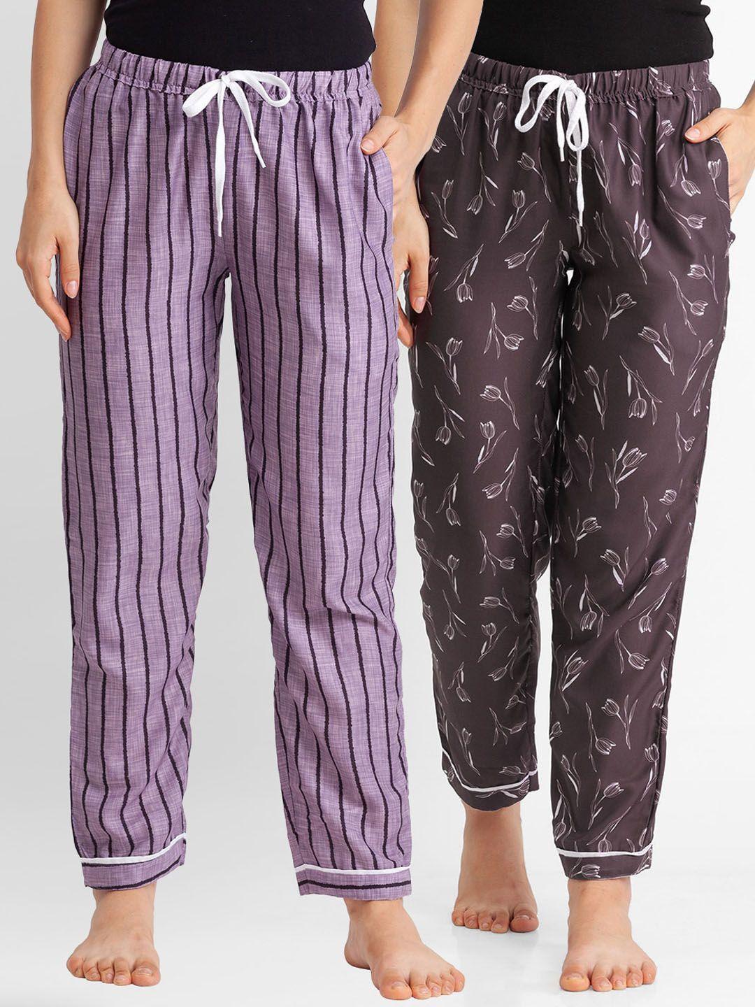 fashionrack set of 2 women lavender & brown printed cotton lounge pants