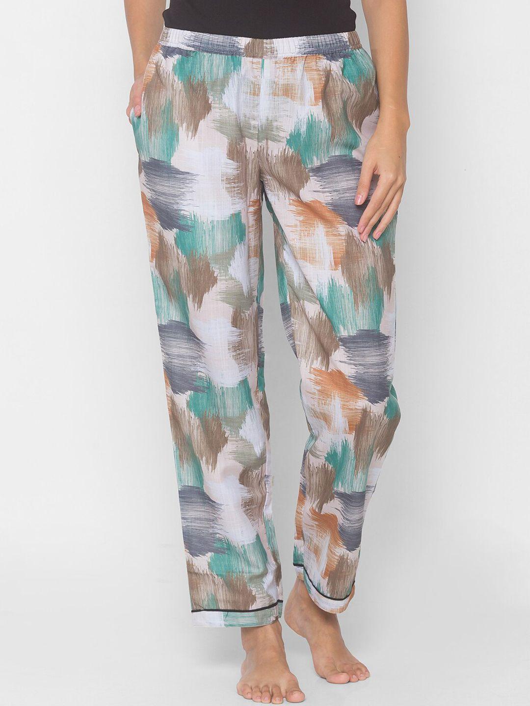 fashionrack women beige multicoloured abstract printed lounge pants
