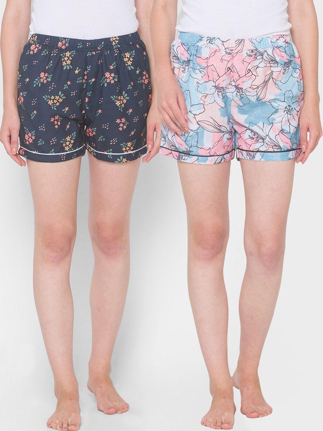fashionrack women blue & pink 2 printed lounge shorts
