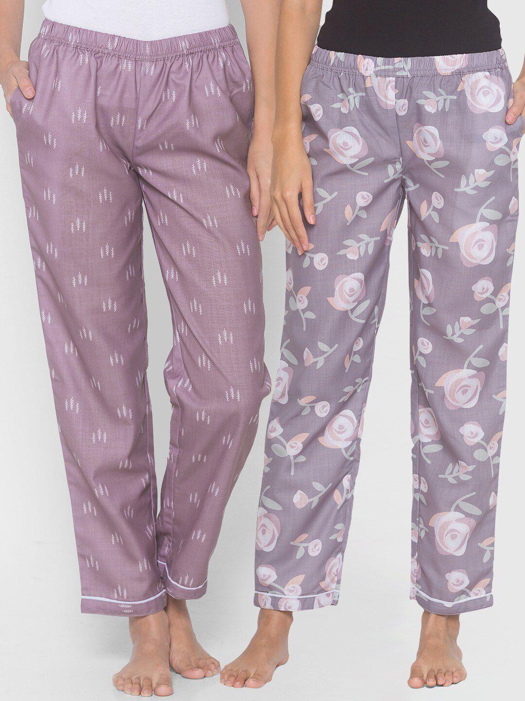 fashionrack women brown & purple pack of 2 cotton printed lounge pants