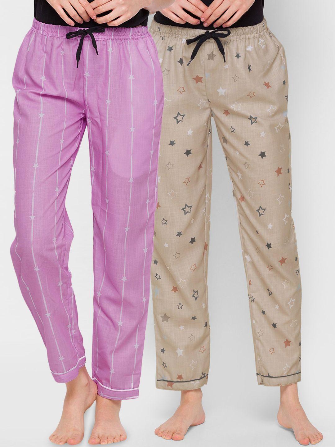 fashionrack women lavender & beige pack of 2 printed cotton lounge pants