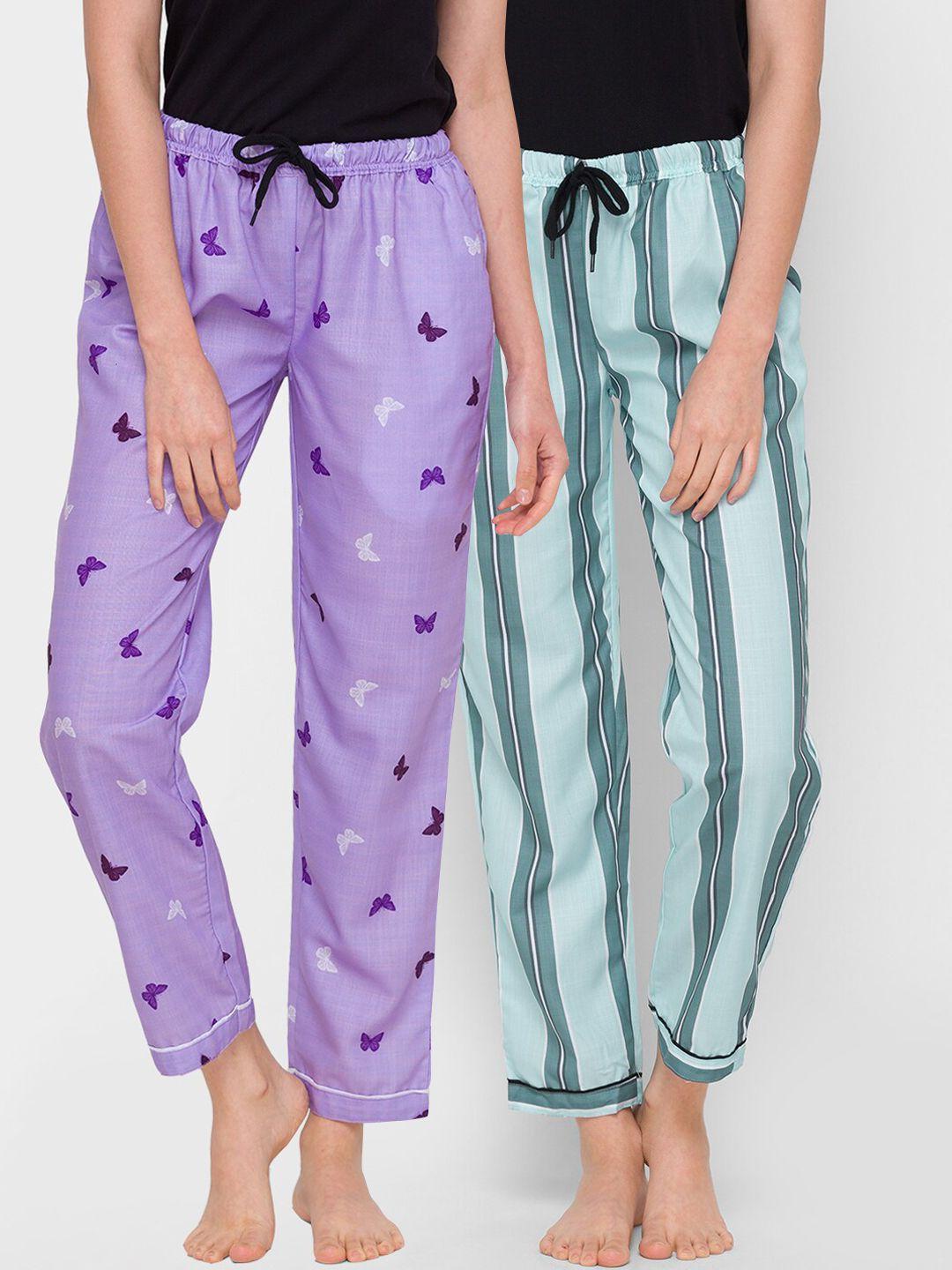 fashionrack women lavender & blue pack of 2 printed cotton lounge pants