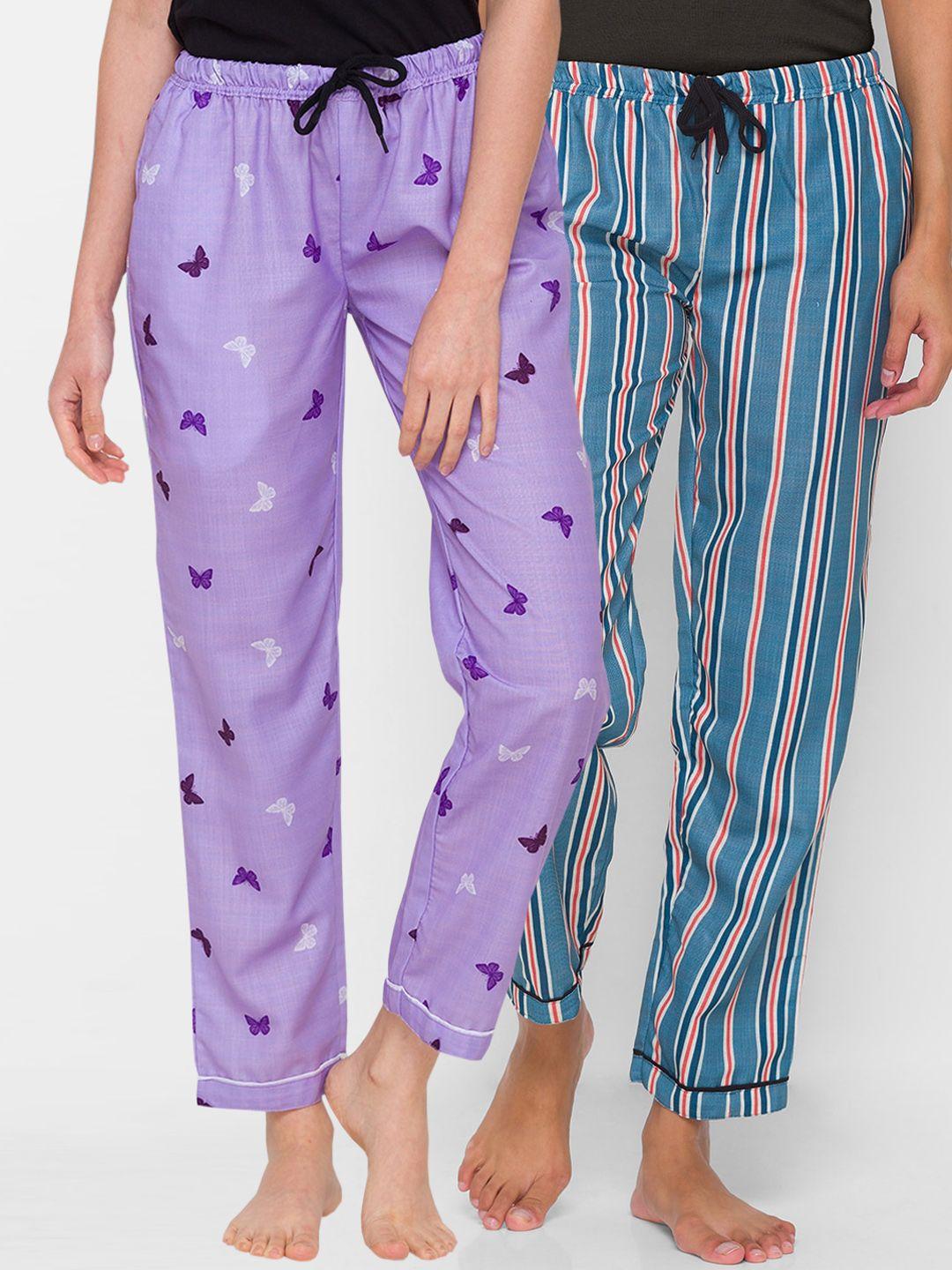 fashionrack women lavender & navy blue pack of 2 printed cotton lounge pants