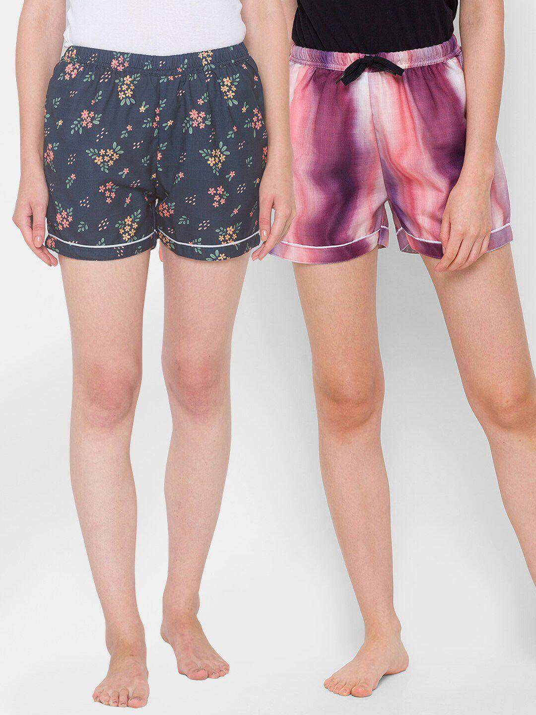 fashionrack women navy blue & purple set of 2 printed lounge shorts