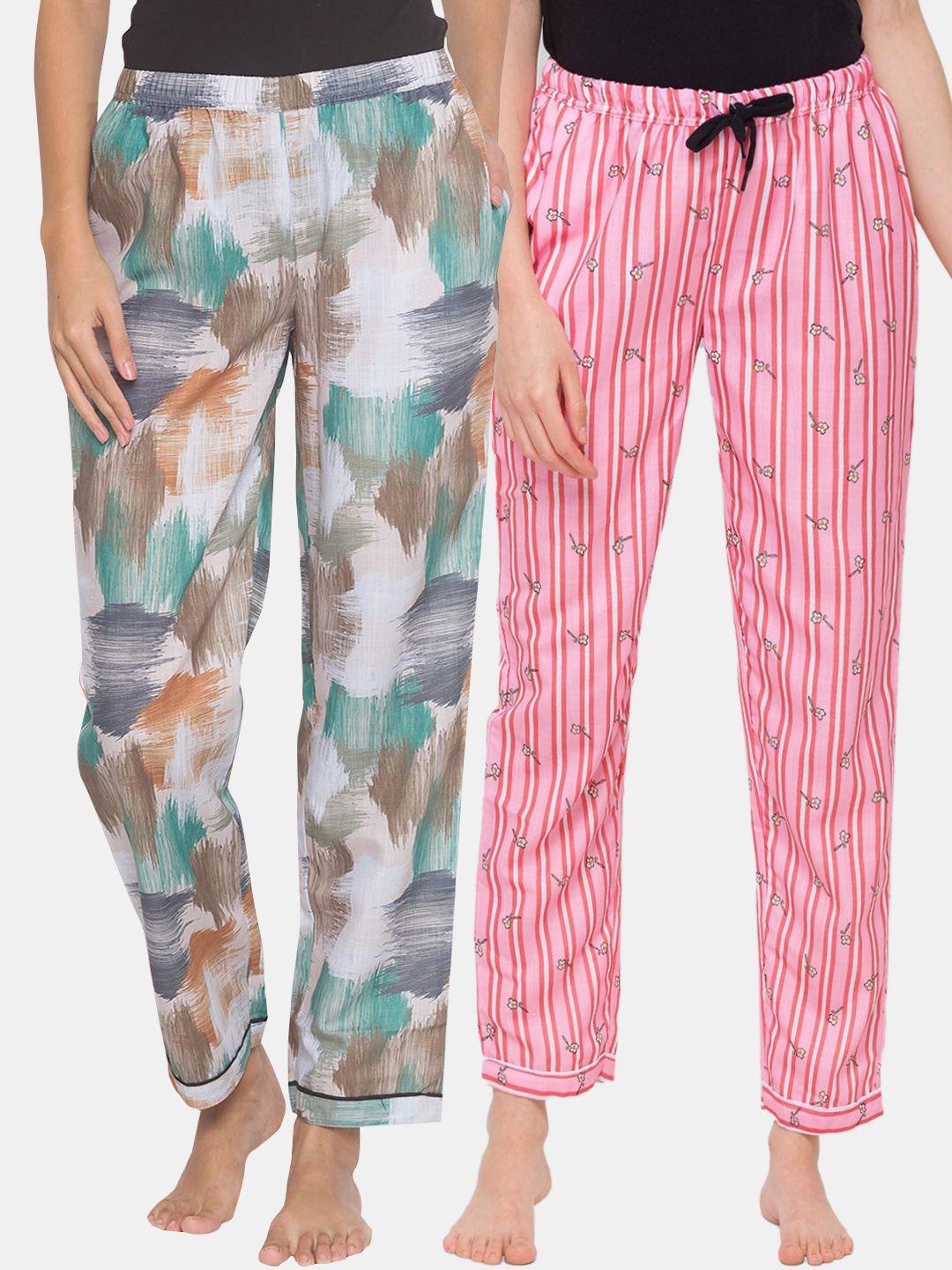 fashionrack women pack of 2 multicoloured printed cotton lounge pants