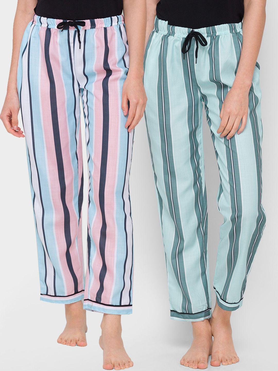 fashionrack women pack of 2 multicoloured striped cotton lounge pants