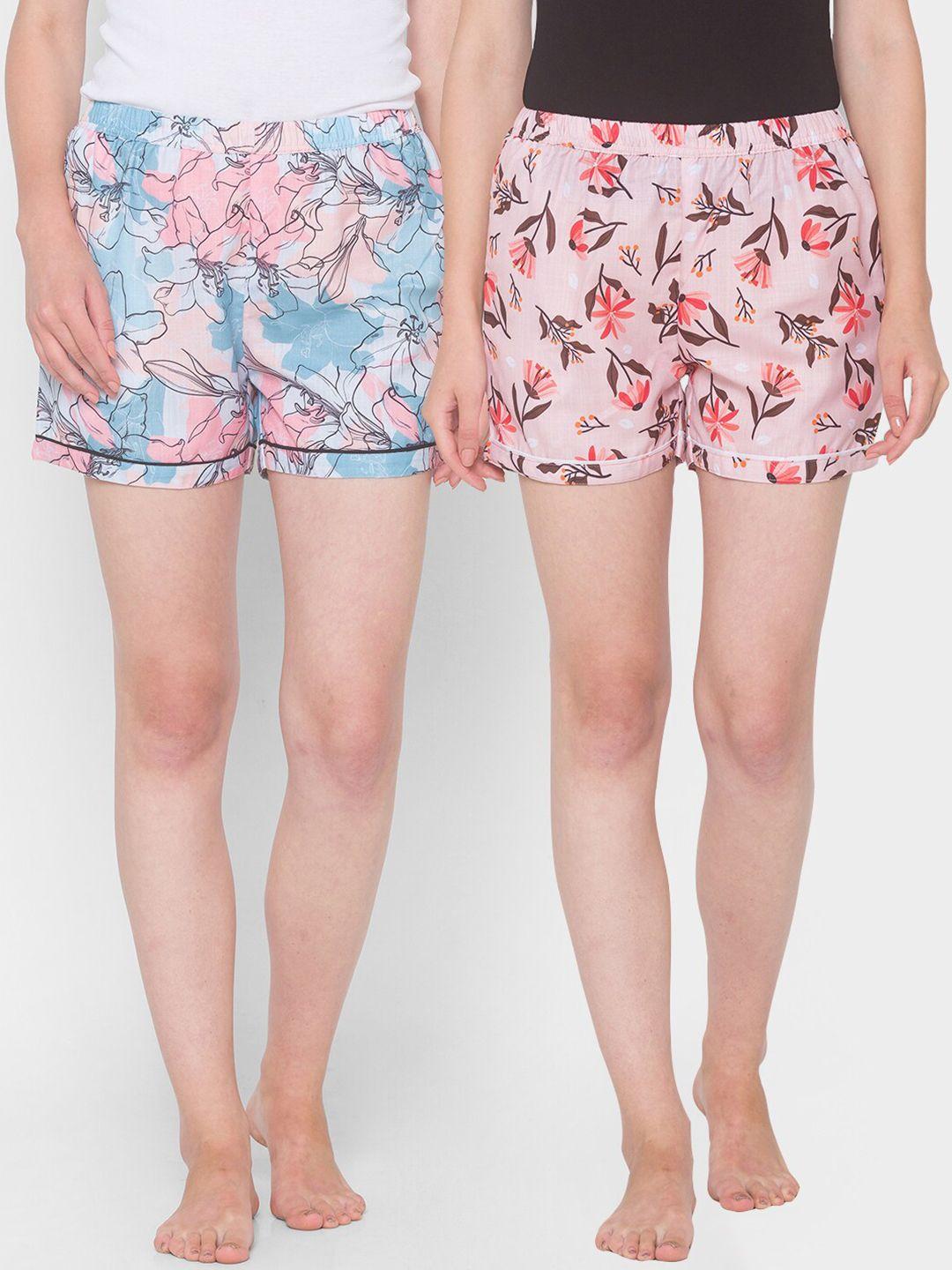 fashionrack women pack of 2 pink & blue printed lounge shorts