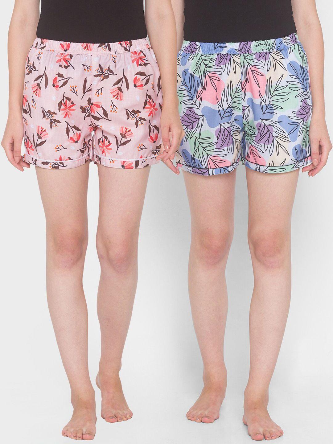 fashionrack women pink & blue pack of 2 printed cotton lounge shorts