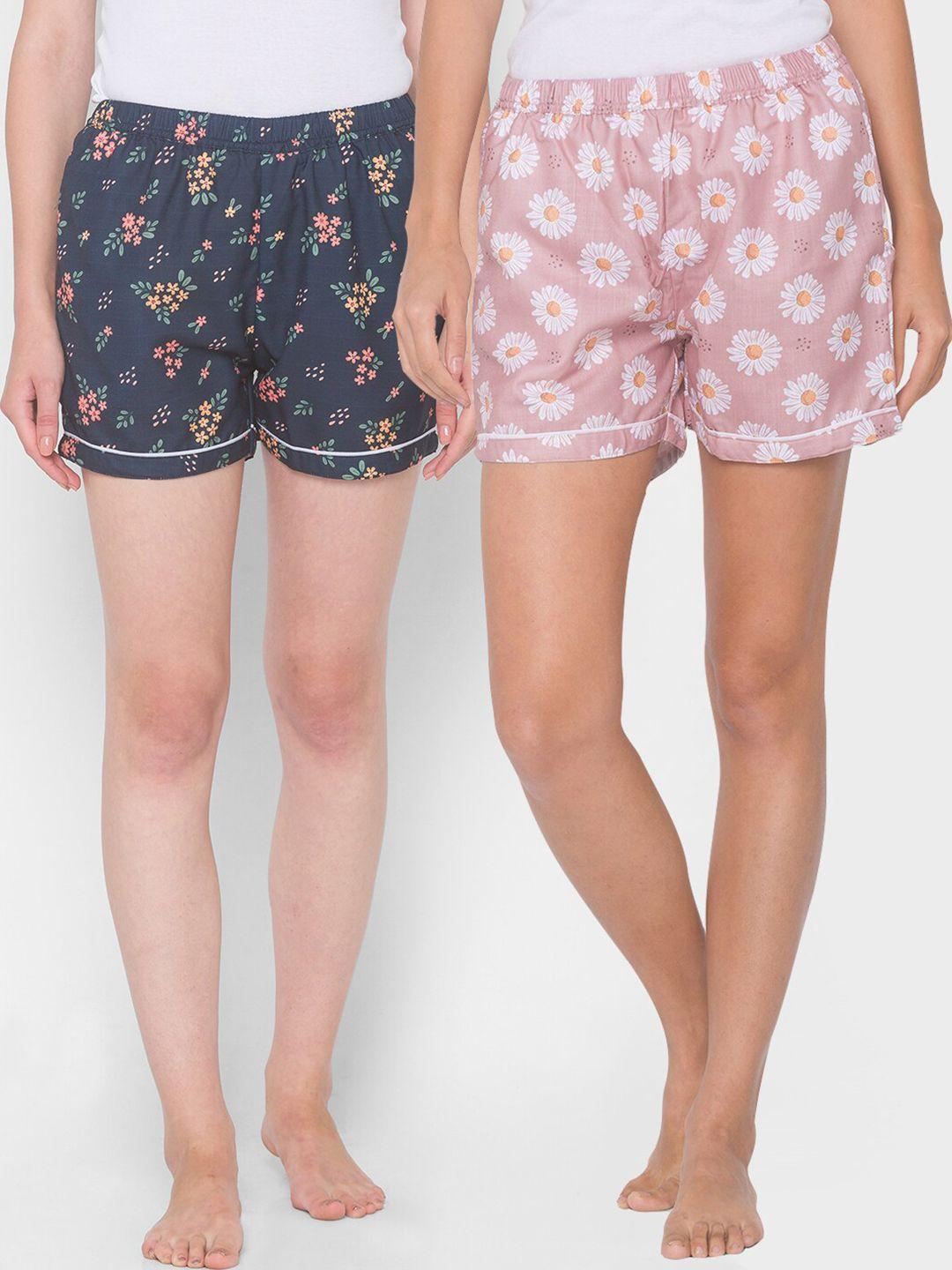 fashionrack women pink & navy blue pack of 2 printed lounge shorts
