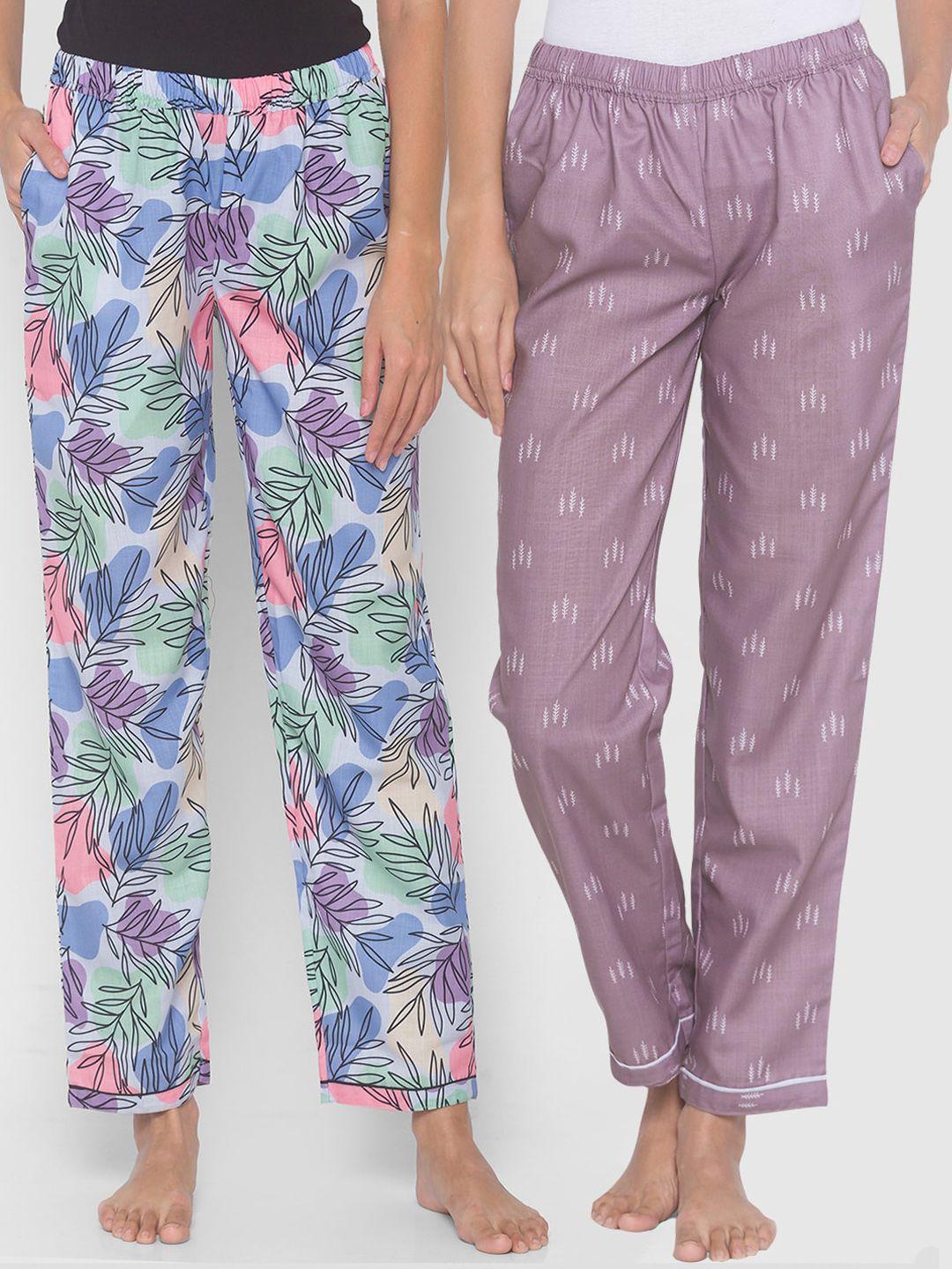 fashionrack women purple & blue pack of 2 cotton printed lounge pants