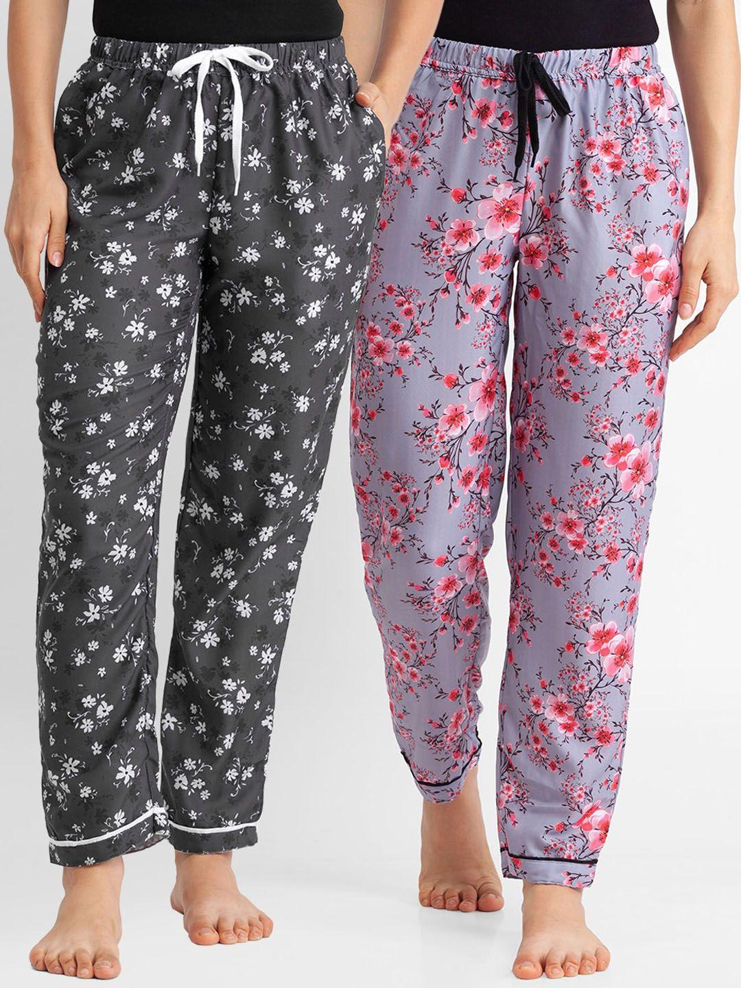 fashionrack women set of 2 grey and charcoal floral printed cotton pajamas