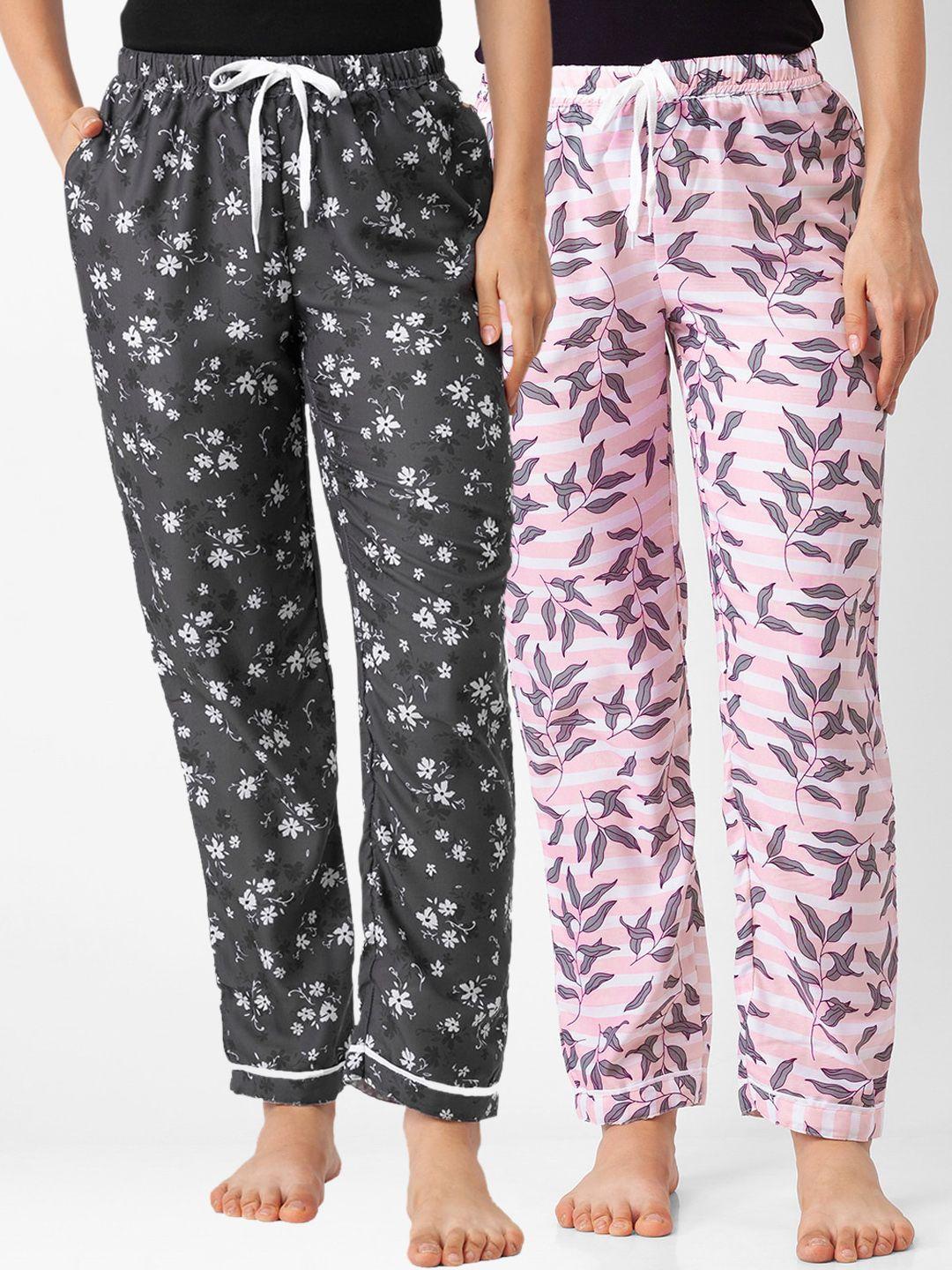 fashionrack women set of 2 pink & black floral printed cotton pyjamas