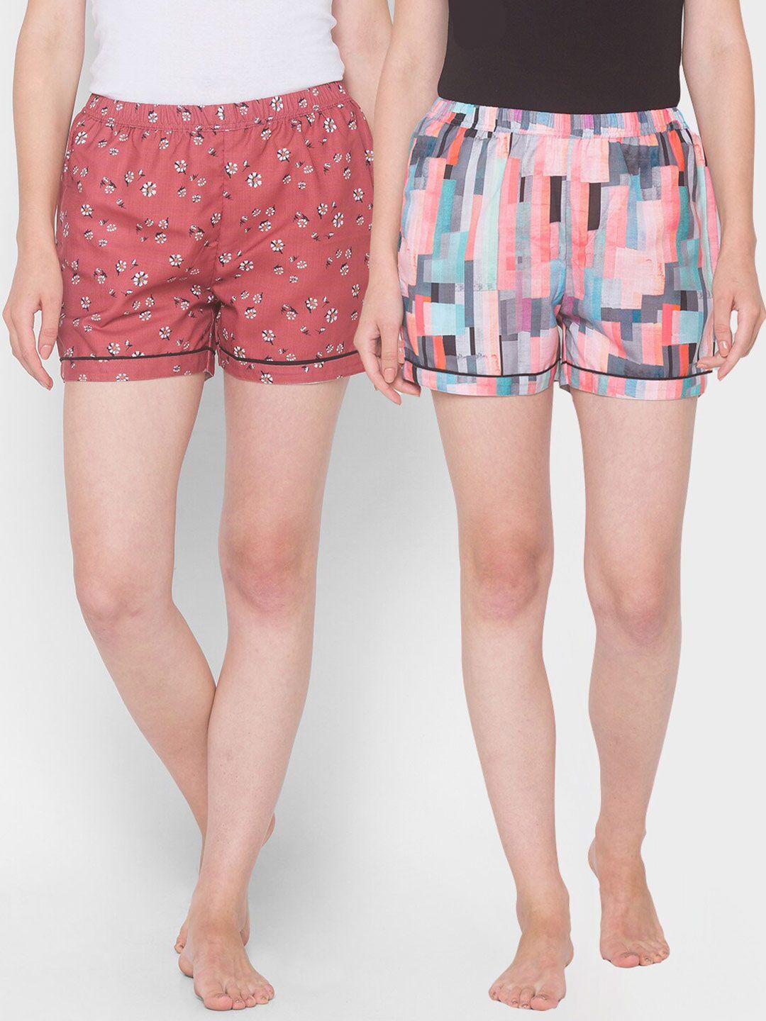 fashionrack women set of 2 red & blue printed lounge shorts