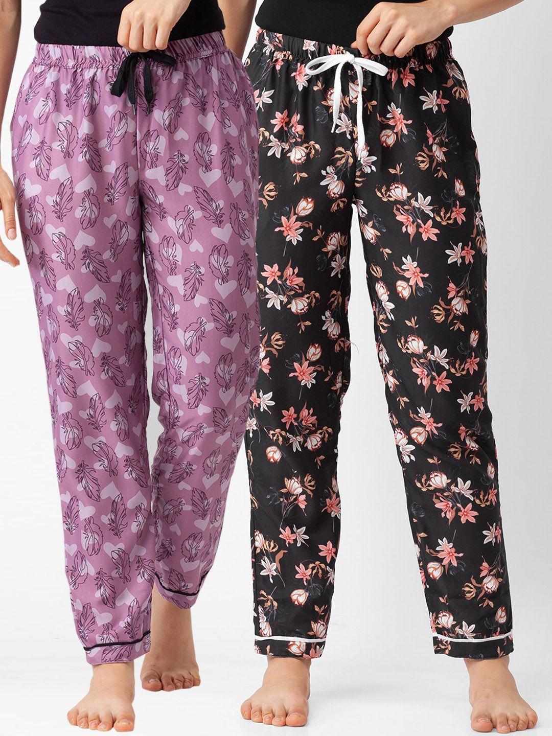 fashionrack  women pack of 2 pink & black printed cotton lounge pants