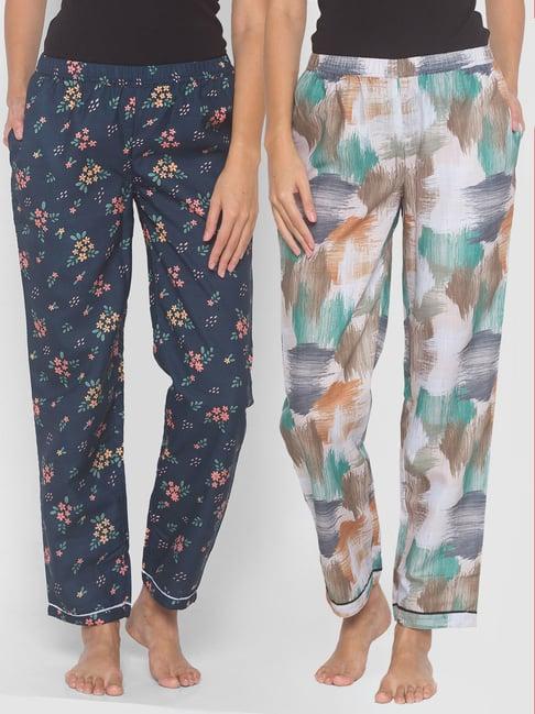 fashionrack beige & navy blue floral pyjamas with pocket (pack of 2)