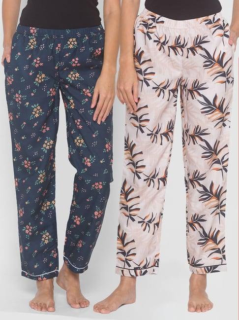 fashionrack beige & navy blue floral pyjamas with pocket (pack of 2)