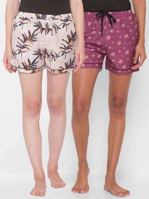 fashionrack beige & purple floral shorts with pocket (pack of 2)