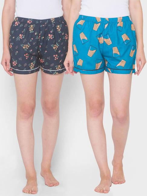fashionrack blue & navy blue floral shorts with pocket (pack of 2)