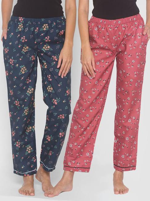 fashionrack brown & navy blue floral pyjamas with pocket (pack of 2)