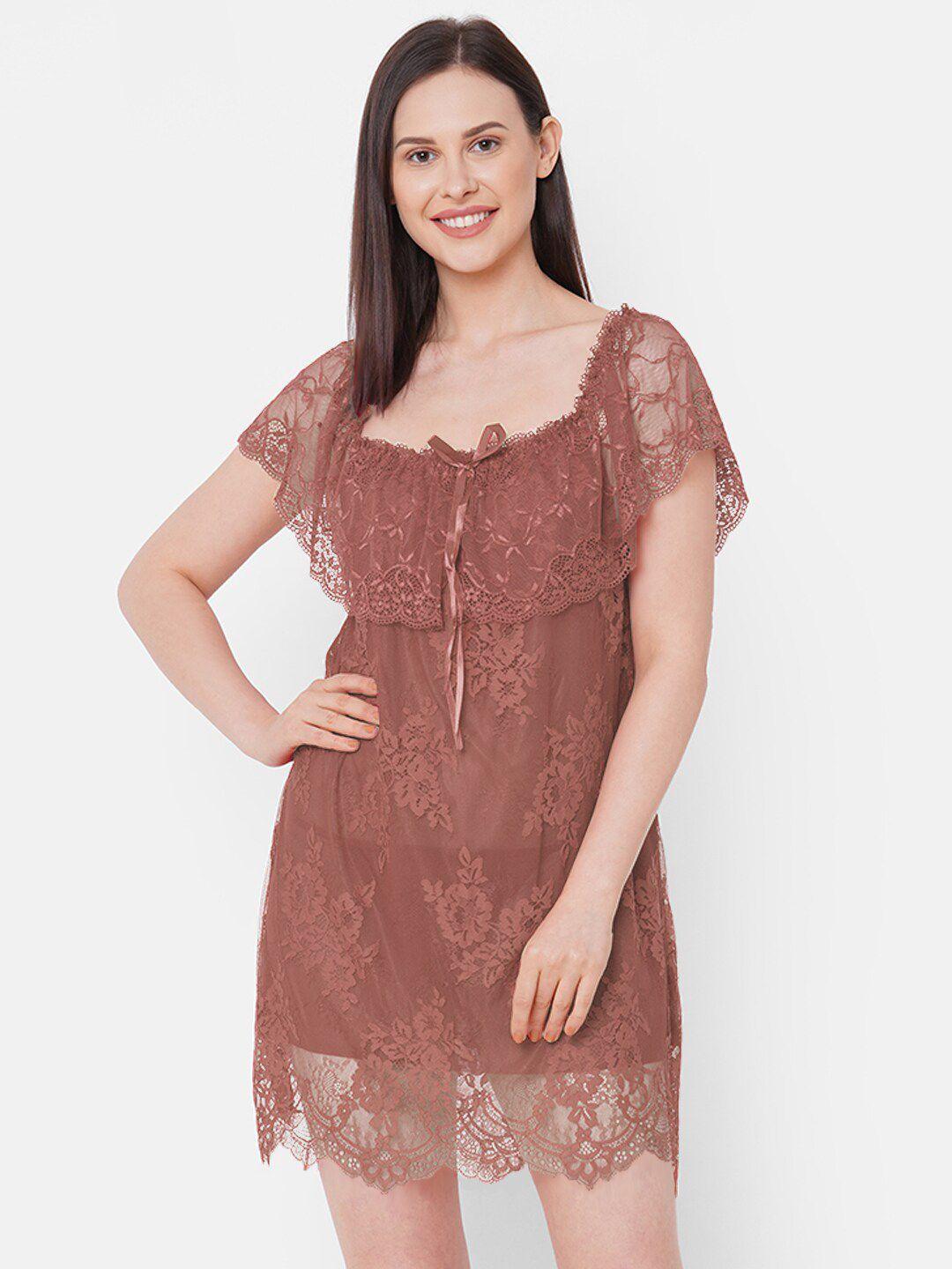 fashionrack brown self design net baby doll