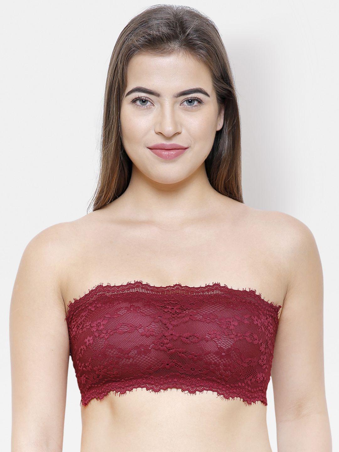 fashionrack maroon lace non-wired lightly padded bandeau bra 8043