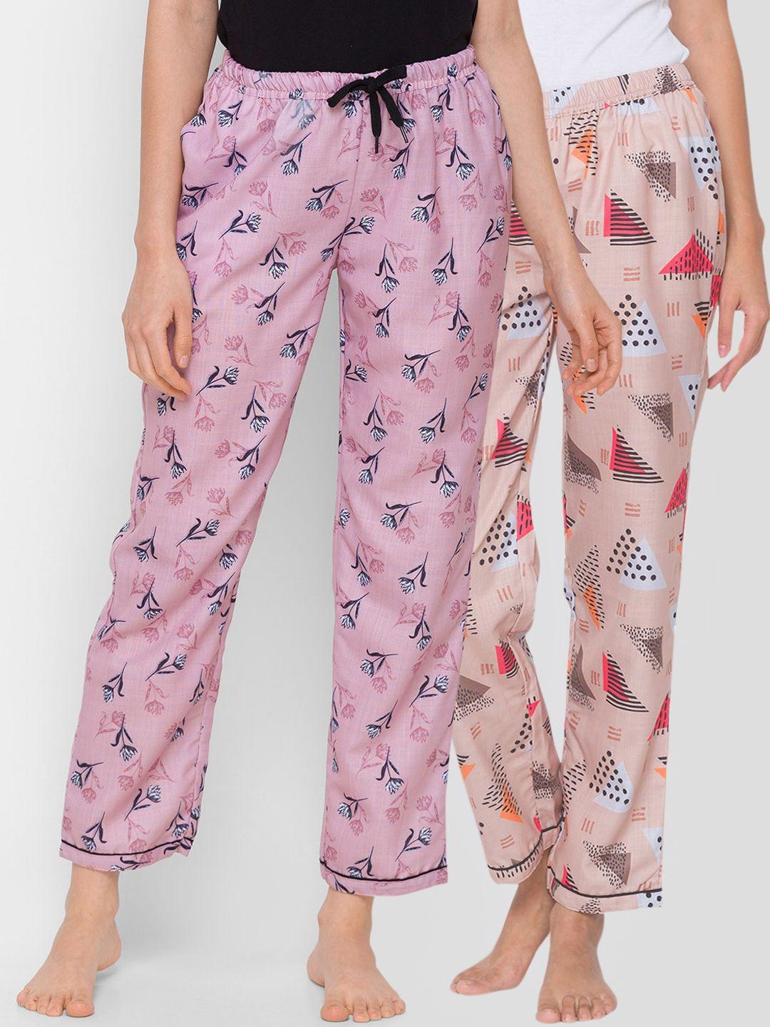 fashionrack pack of 2 beige & pink printed cotton lounge pants