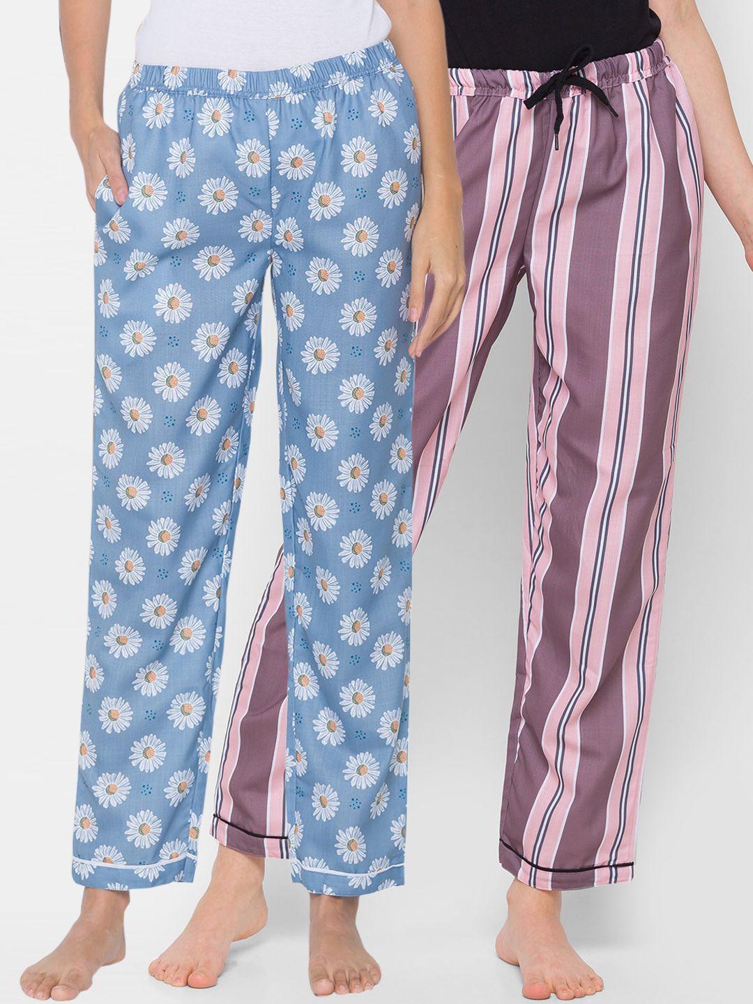 fashionrack pack of 2 blue & pink printed cotton lounge pants