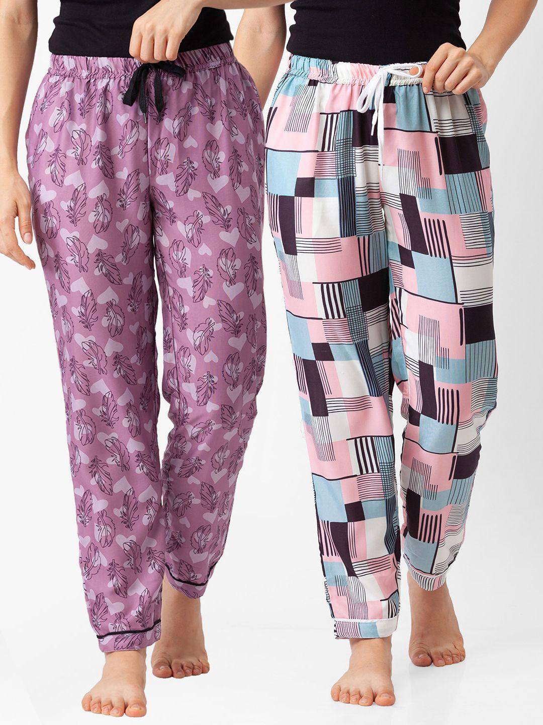 fashionrack pack of 2 women pink & blue printed cotton lounge pants