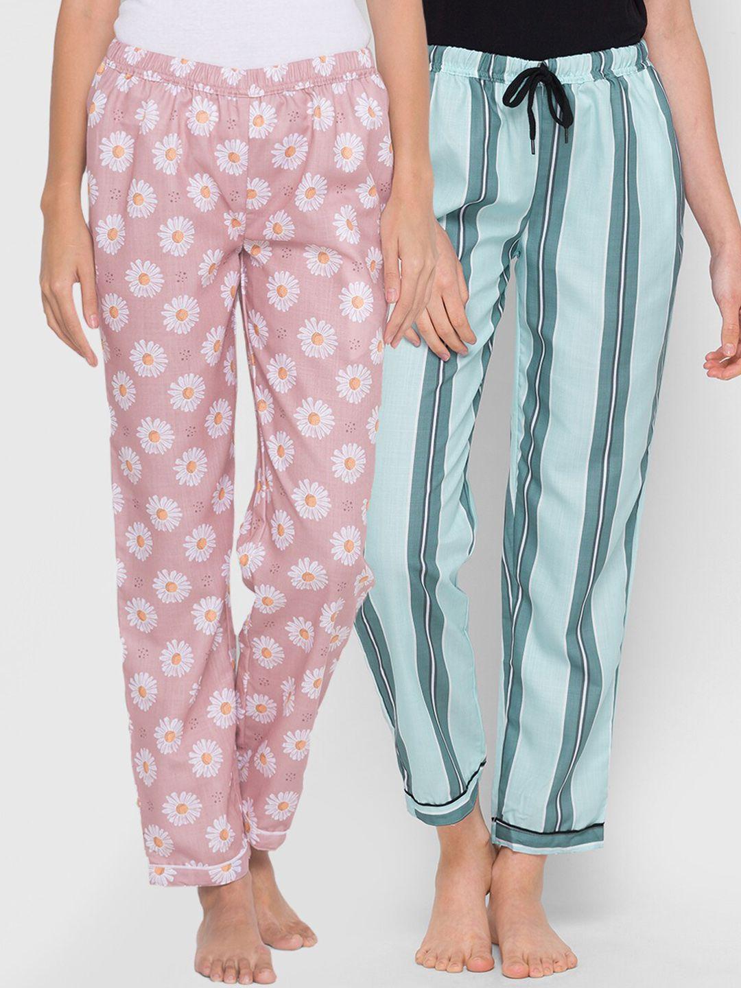 fashionrack pack of 2 women pink & turquoise blue printed cotton lounge pants