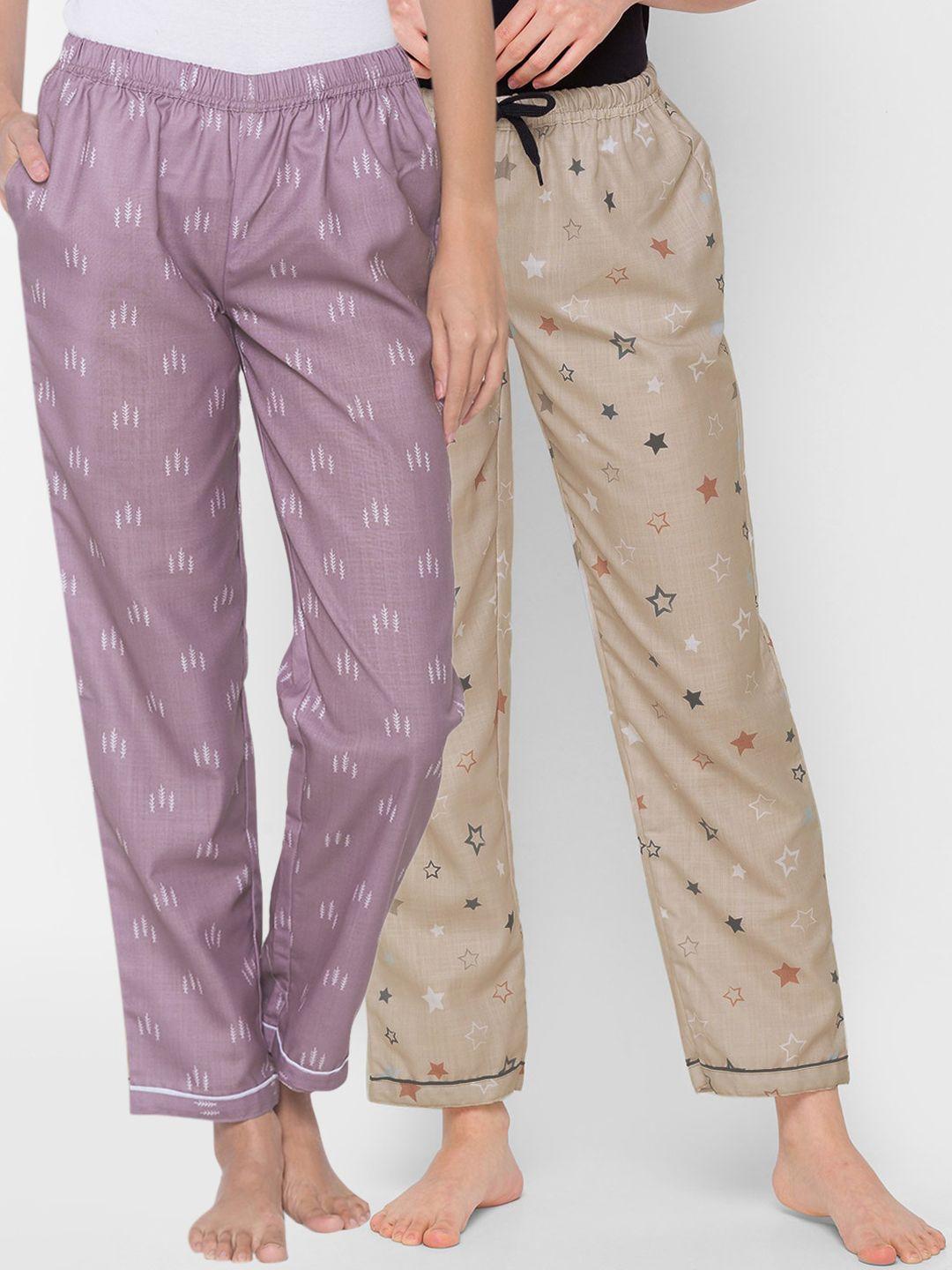 fashionrack pack of 2 women purple & beige printed lounge pants