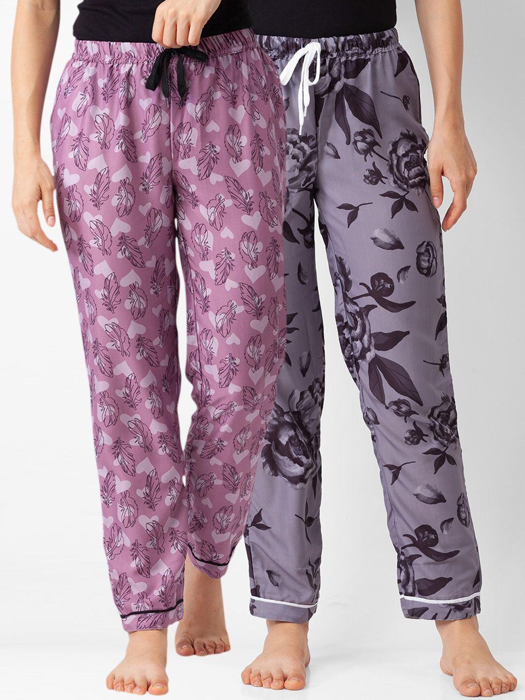 fashionrack pack of 2 women purple & grey printed lounge pants